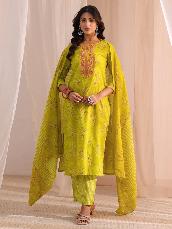 Gerua Lime Green Floral Printed Cotton Blend Straight Suit Set