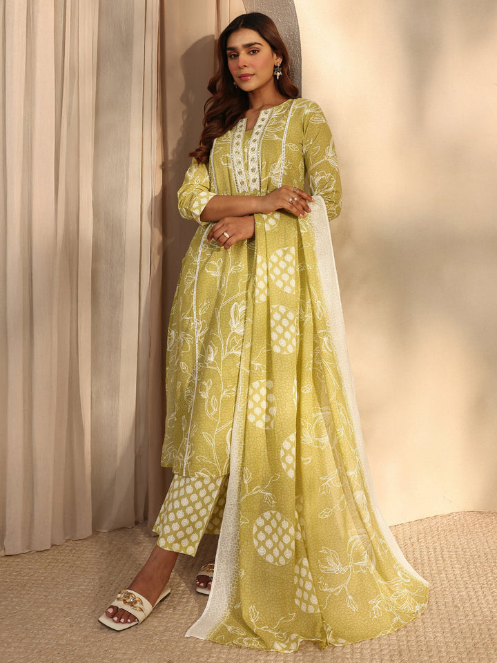 Lime Green Floral Printed Cotton Straight Suit Set With Dupatta