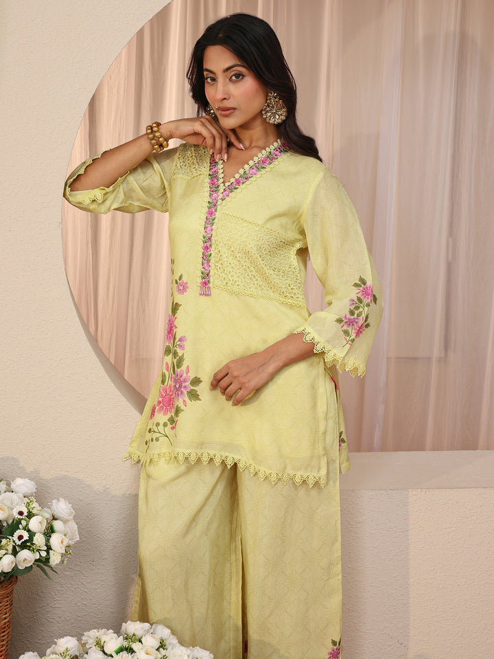 Lime Green Floral Printed Silk Blend Straight Kurta Set