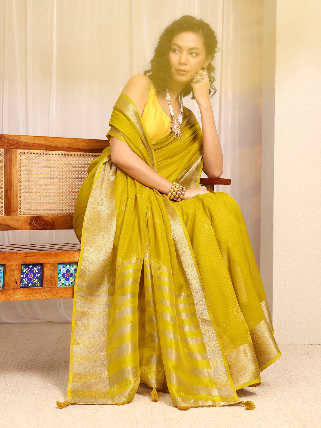 Lime Green Floral Woven Design Silk Blend Saree With Unstitched Blouse Piece