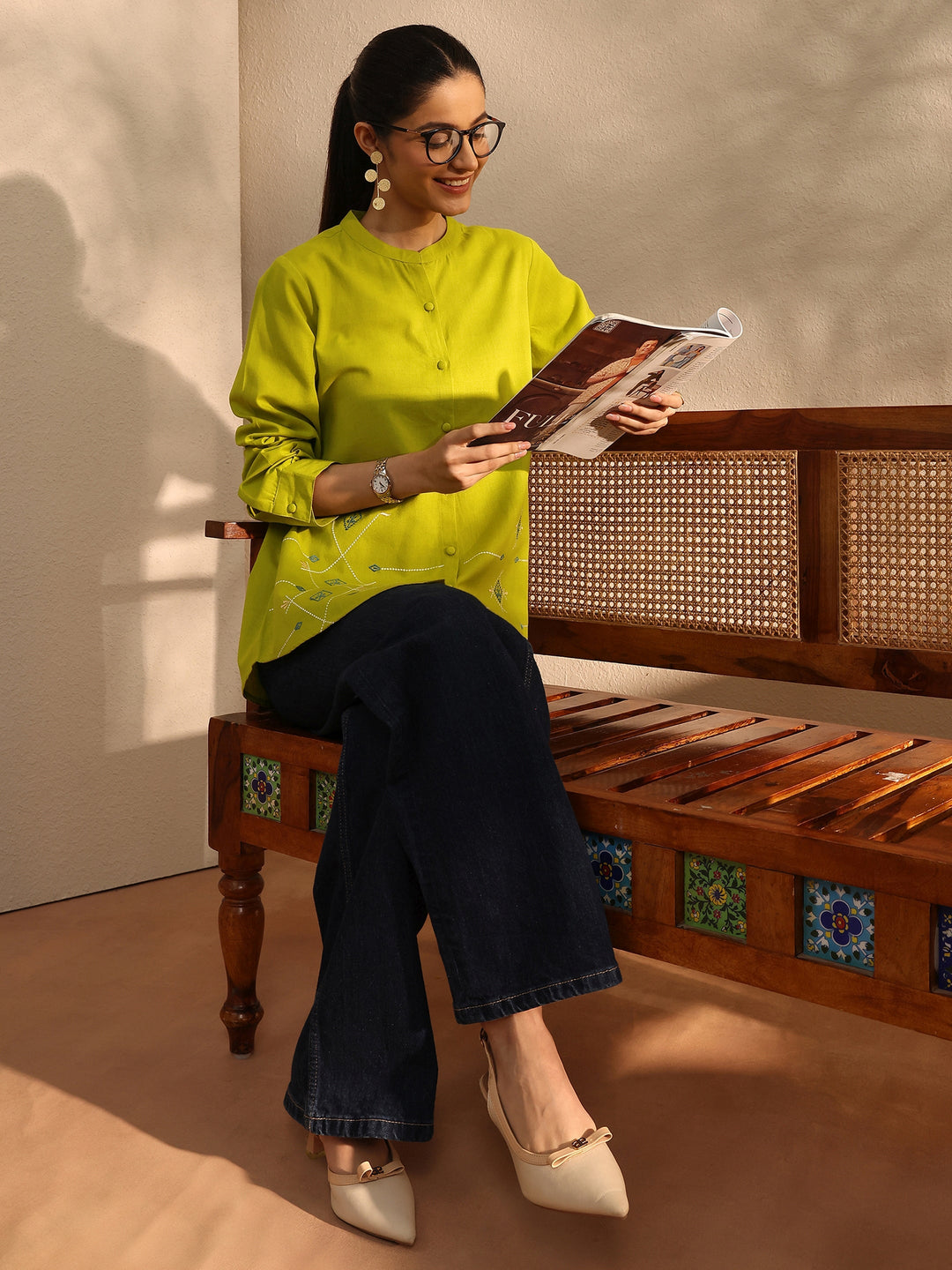 Lime Green Self Design Linen Shirt