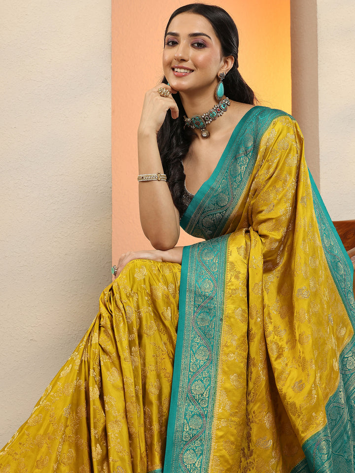 Lime Green Woven Design Silk Blend Sarees With Unstitched Blouse Piece