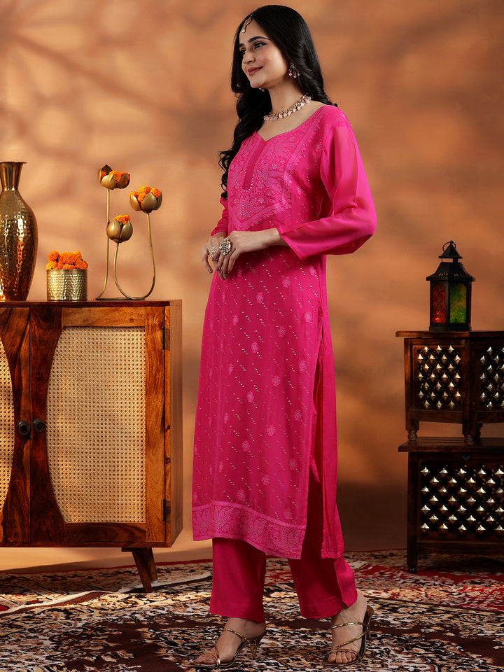 Pink Embroidered Organza Straight Suit With Dupatta