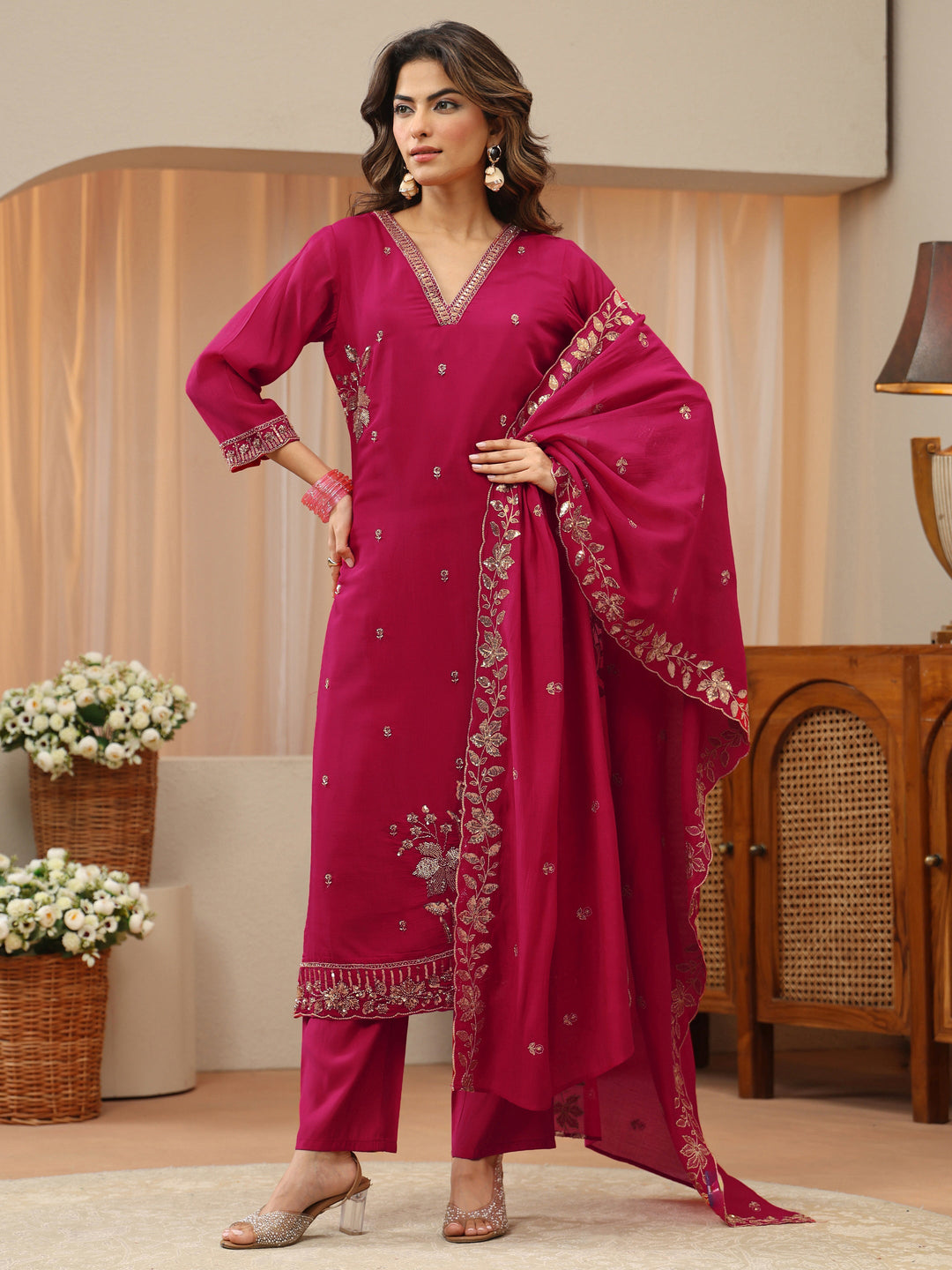 Magenta Embellished Chanderi Silk Straight Suit Set