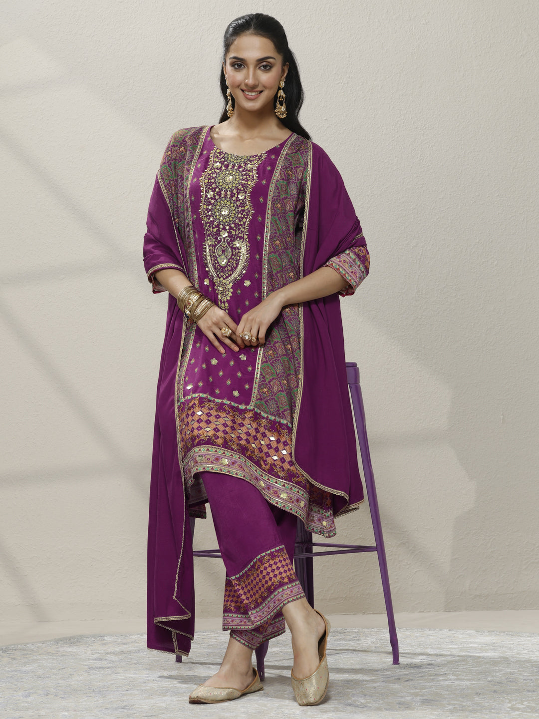 Magenta Embroidered Silk blend A-line Suit Set With Dupatta