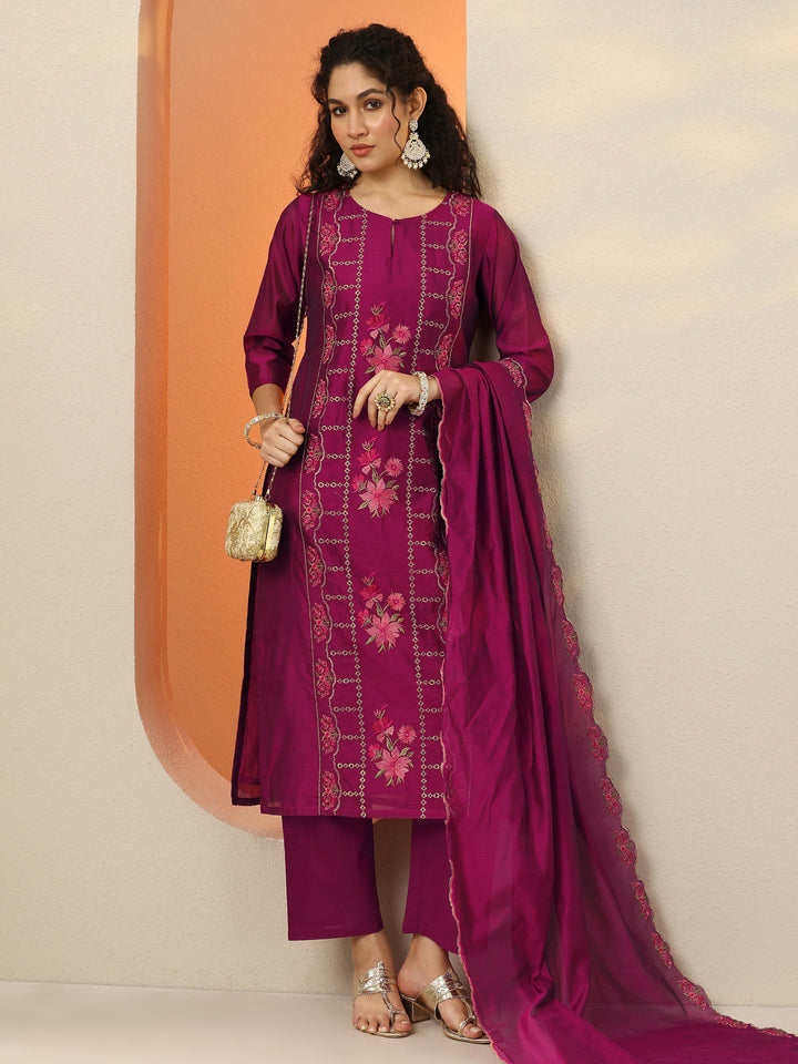 Magenta Embroidered Silk Blend Straight Suit Set With Dupatta