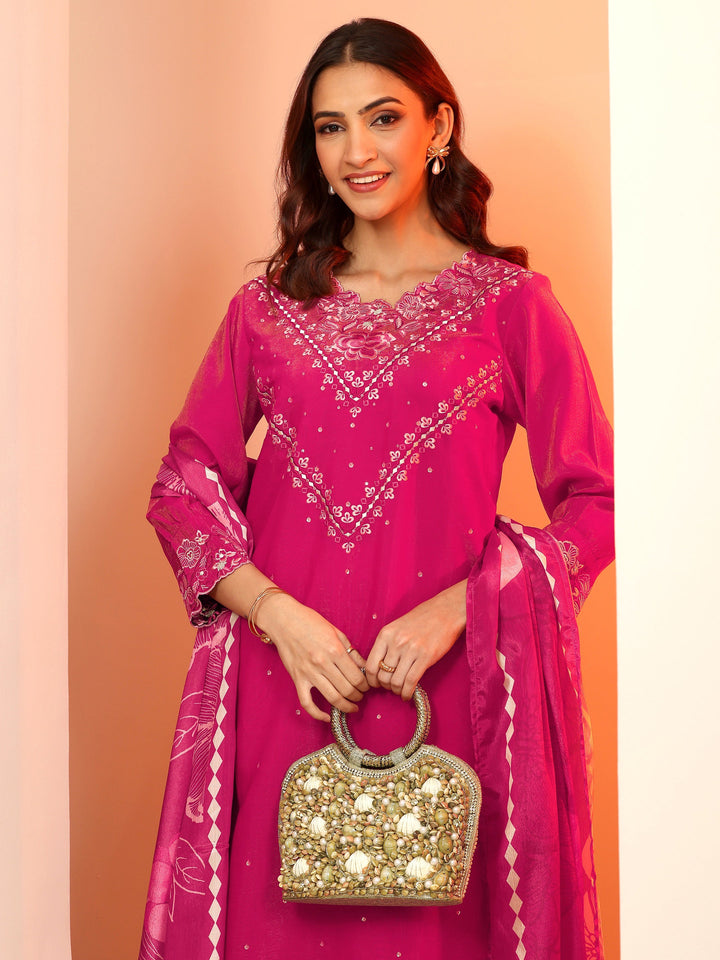 Magenta Embroidered Silk Blend Straight Suit Set With Dupatta