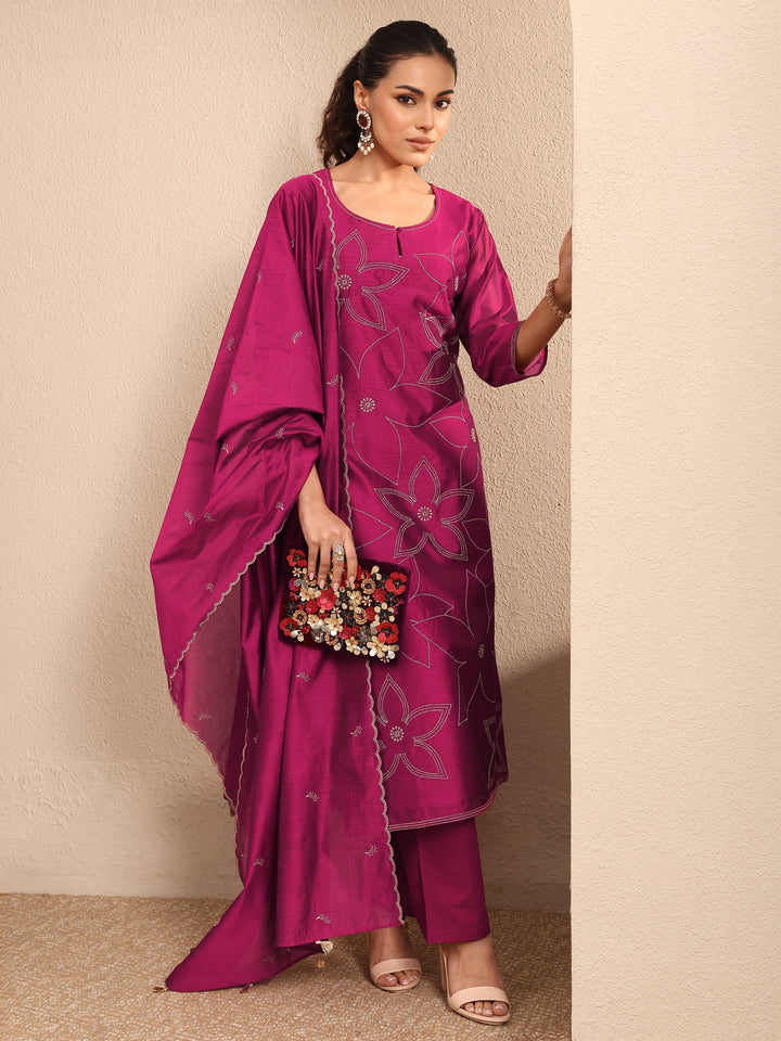 Magenta Embroidered Silk Blend Straight Suit Set With Dupatta