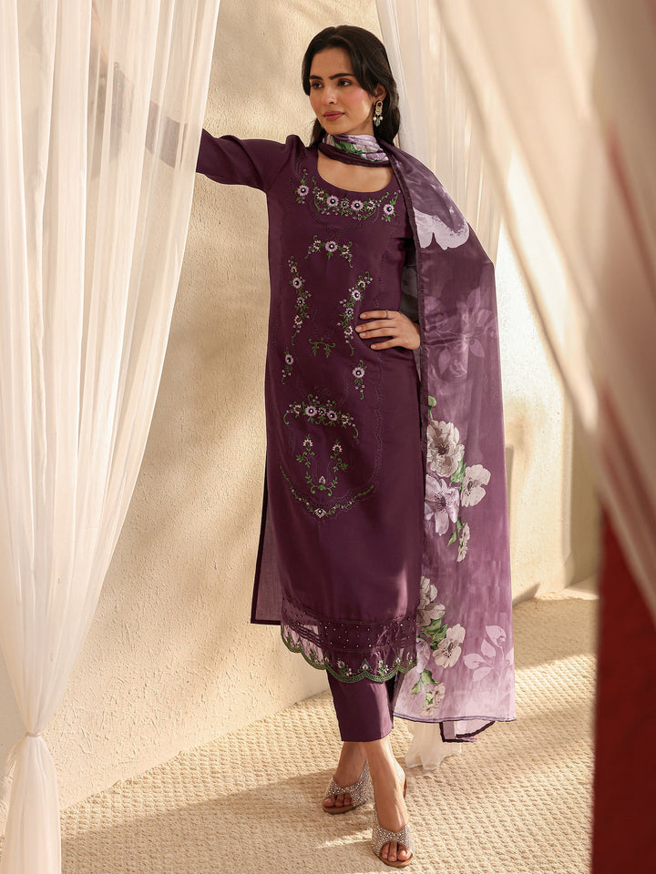 Magenta Floral Embroidered Silk Blend Straight Suit Set With Dupatta