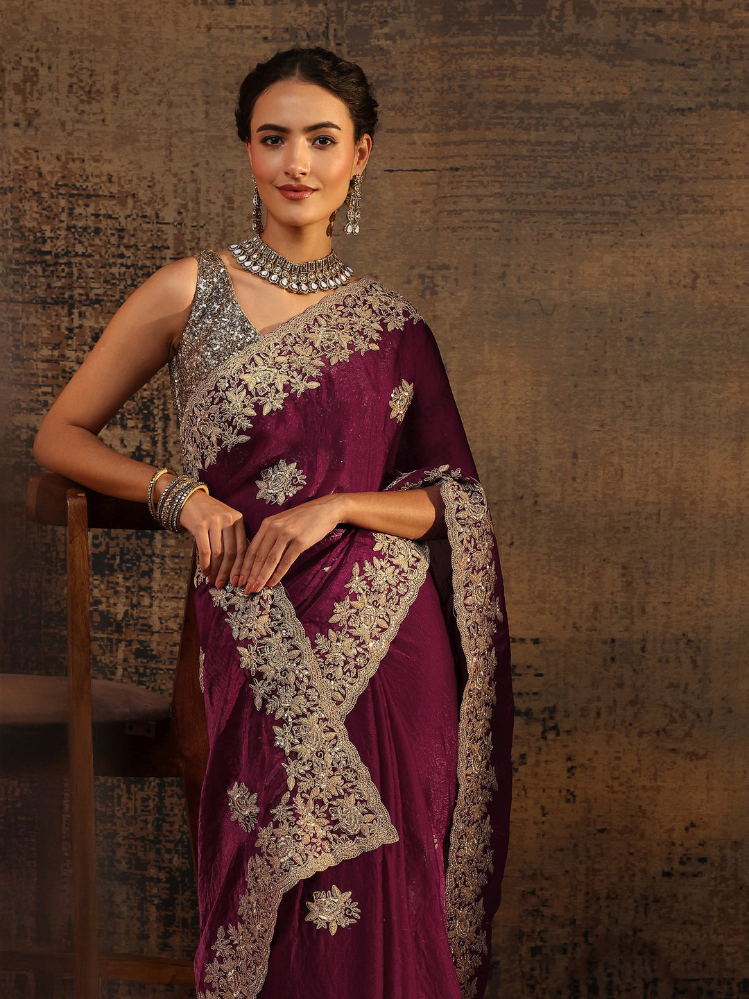 Magenta Floral Embroidered Tissue Saree With Unstitched Blouse Piece