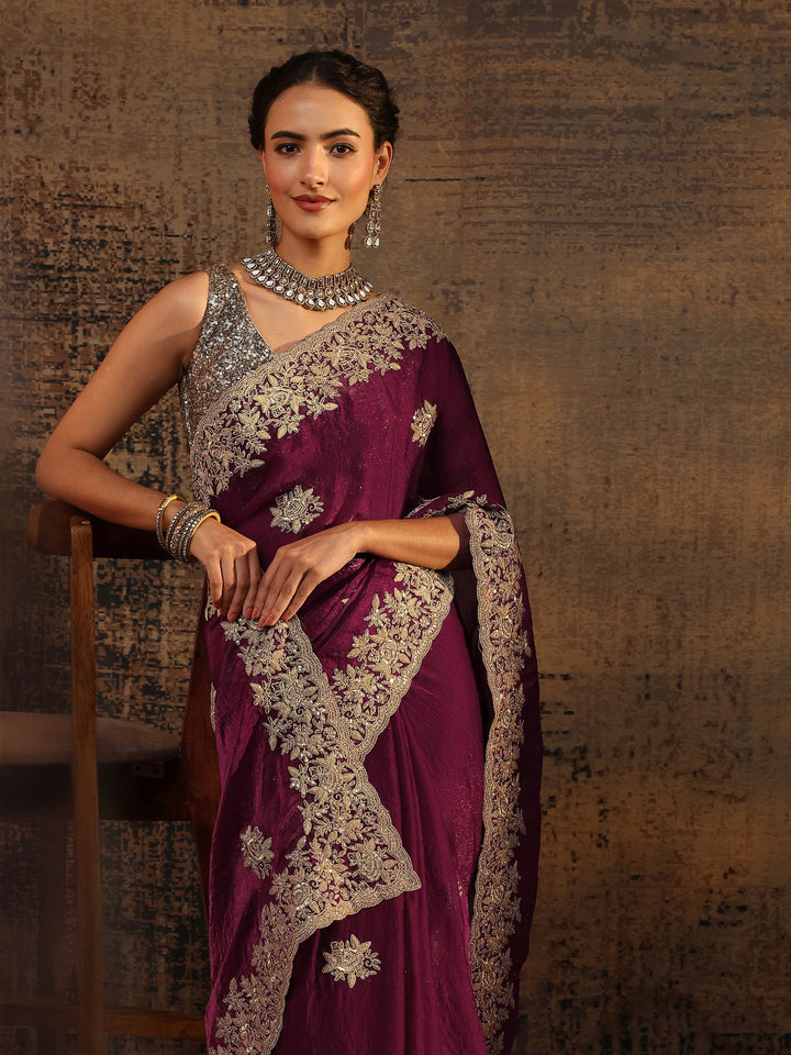 Magenta Floral Embroidered Tissue Saree With Unstitched Blouse Piece