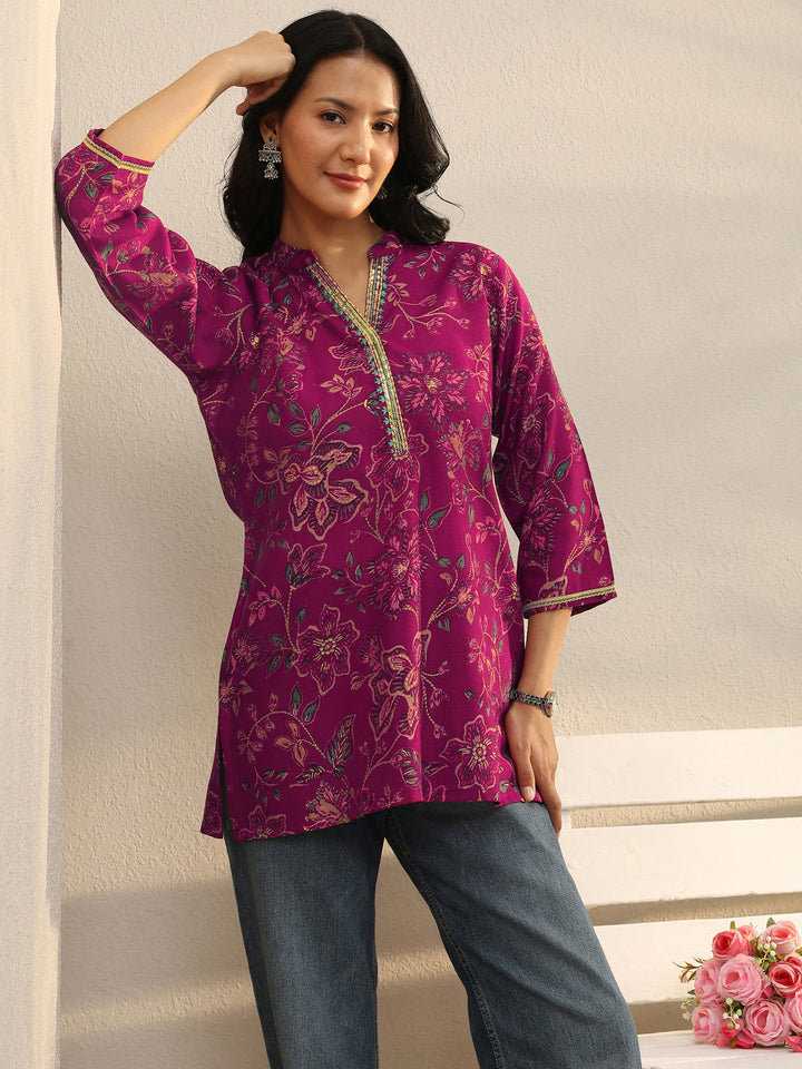 Magenta Floral Printed Silk Blend Straight Short Kurti