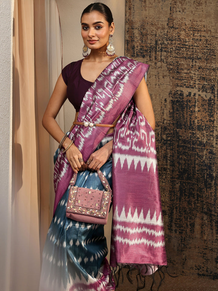 Magenta Ikat Printed Silk Saree With Unstitched Blouse Piece