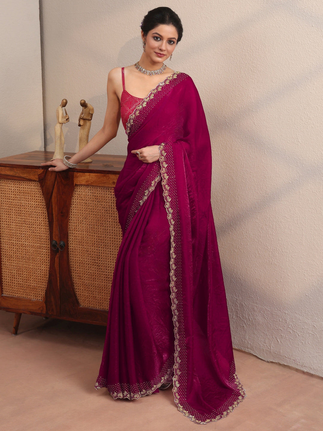 Magenta Pink Embellished Border Tissue Saree