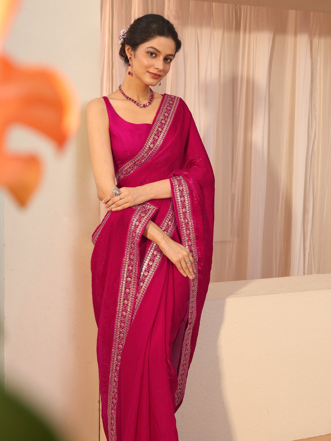 Magenta Pink Embellished Border Tissue Saree