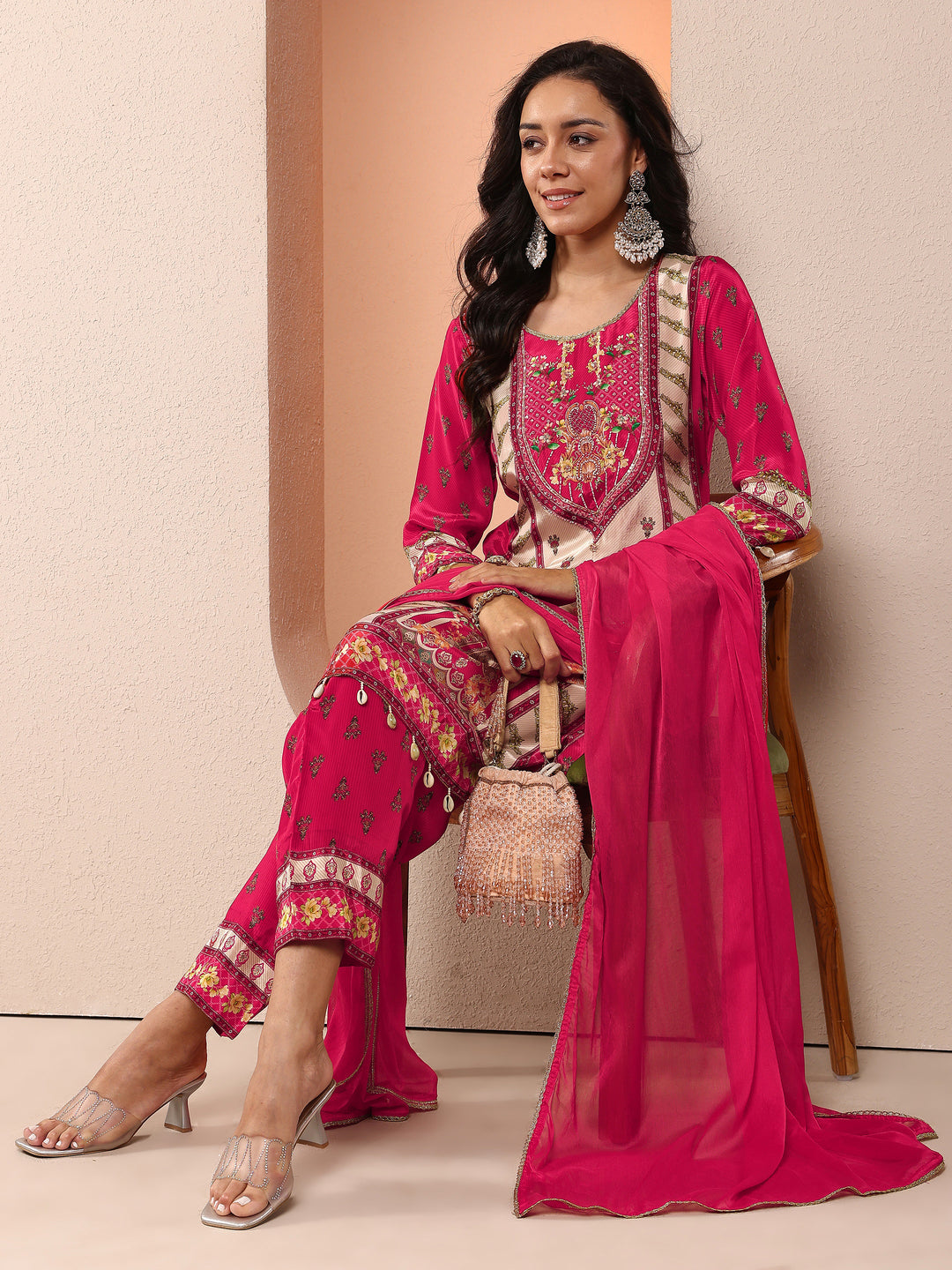 Magenta Printed Silk Blend Straight Suit Set With Dupatta