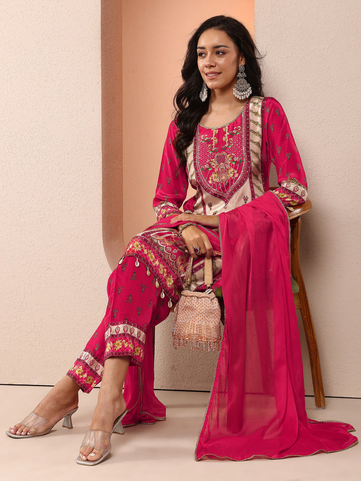Magenta Printed Silk Blend Straight Suit Set With Dupatta