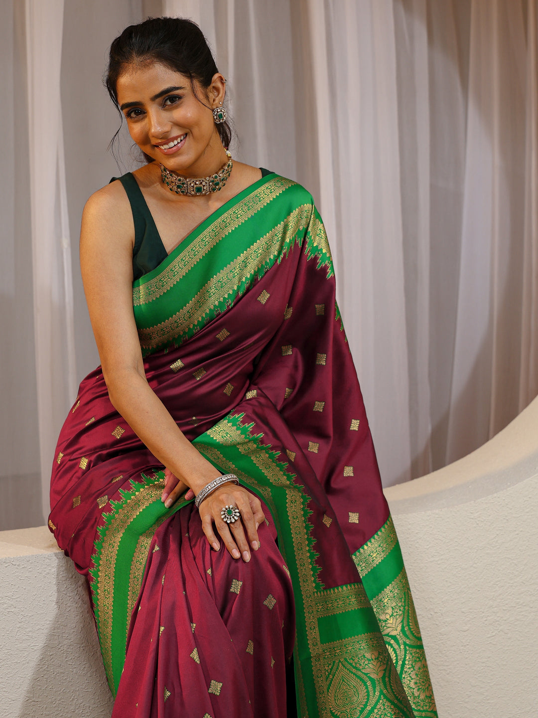 Mahagony Red Silk Blend Kanjeevaram Saree