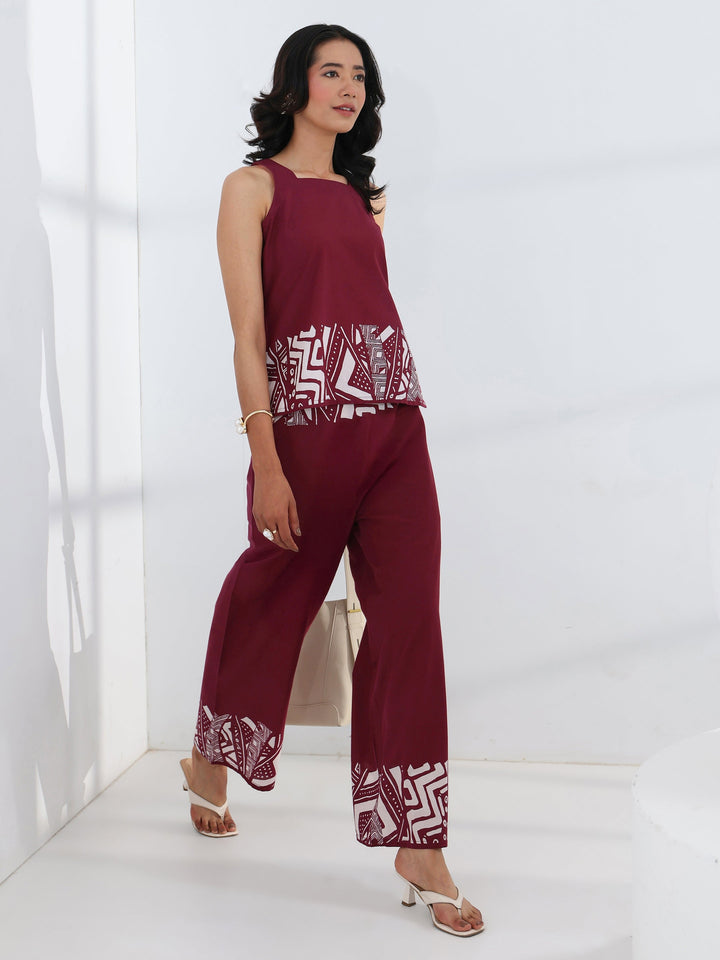 Maroon Abstract Printed Cotton Co-Ord Set