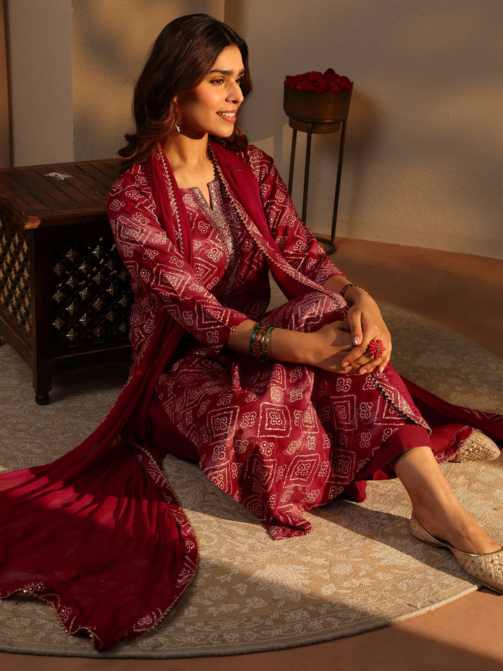 Maroon Bandhani Printed Rayon Straight Suit Set With Dupatta