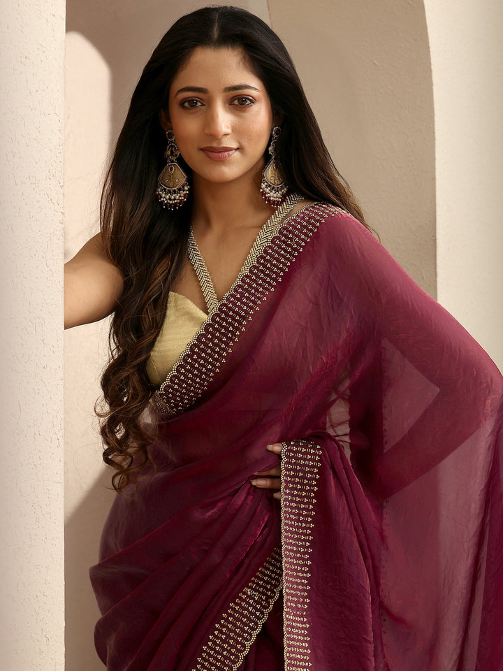 Maroon Embellished Silk Blend Saree With Unstitched Blouse Piece