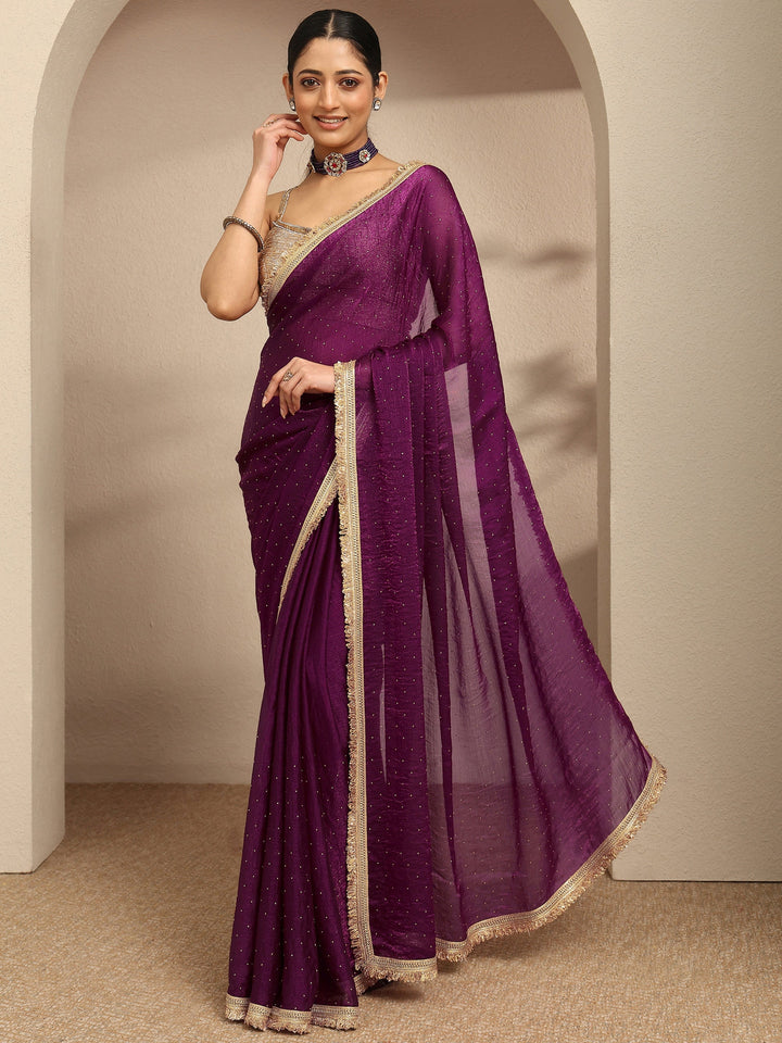 Maroon Embellished Silk Blend Saree With Unstitched Blouse Piece