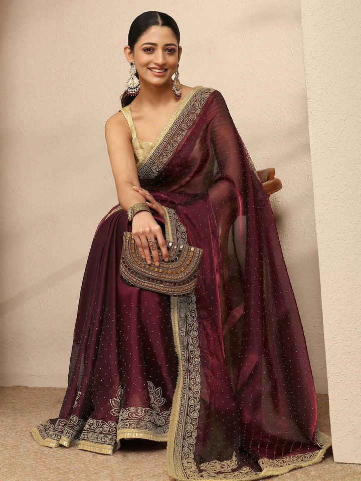 Maroon Embellished Silk Blend Saree With Unstitched Blouse Piece