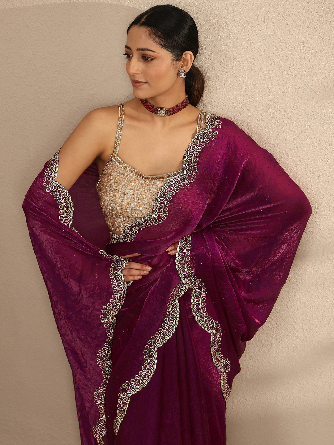 Maroon Embellished Silk Blend Saree With Unstitched Blouse Piece