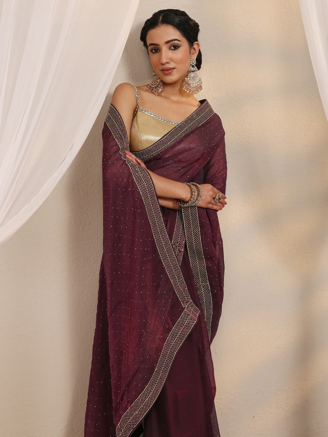 Maroon Embellished Tissue Saree With Unstitched Blouse Piece
