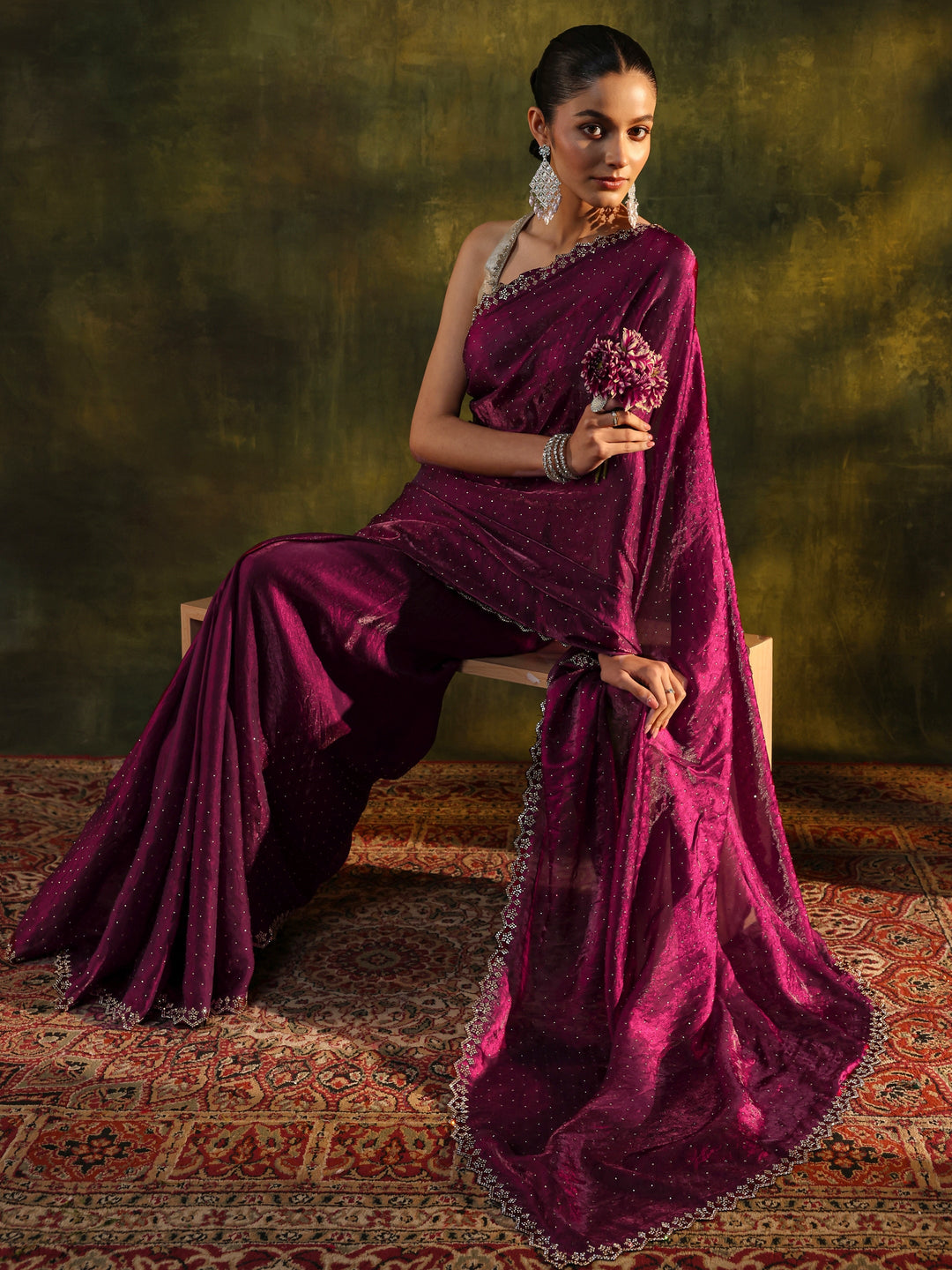 Maroon Embellished Tissue Saree With Unstitched Blouse Piece