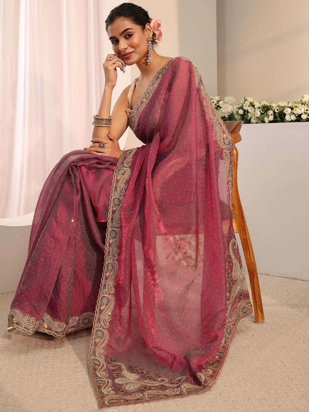 Libas Maroon Embellished Tissue Saree With Unstitched Blouse Piece