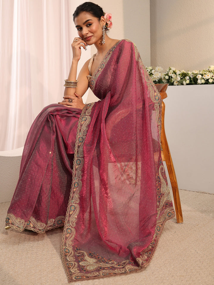 Libas Maroon Embellished Tissue Saree With Unstitched Blouse Piece
