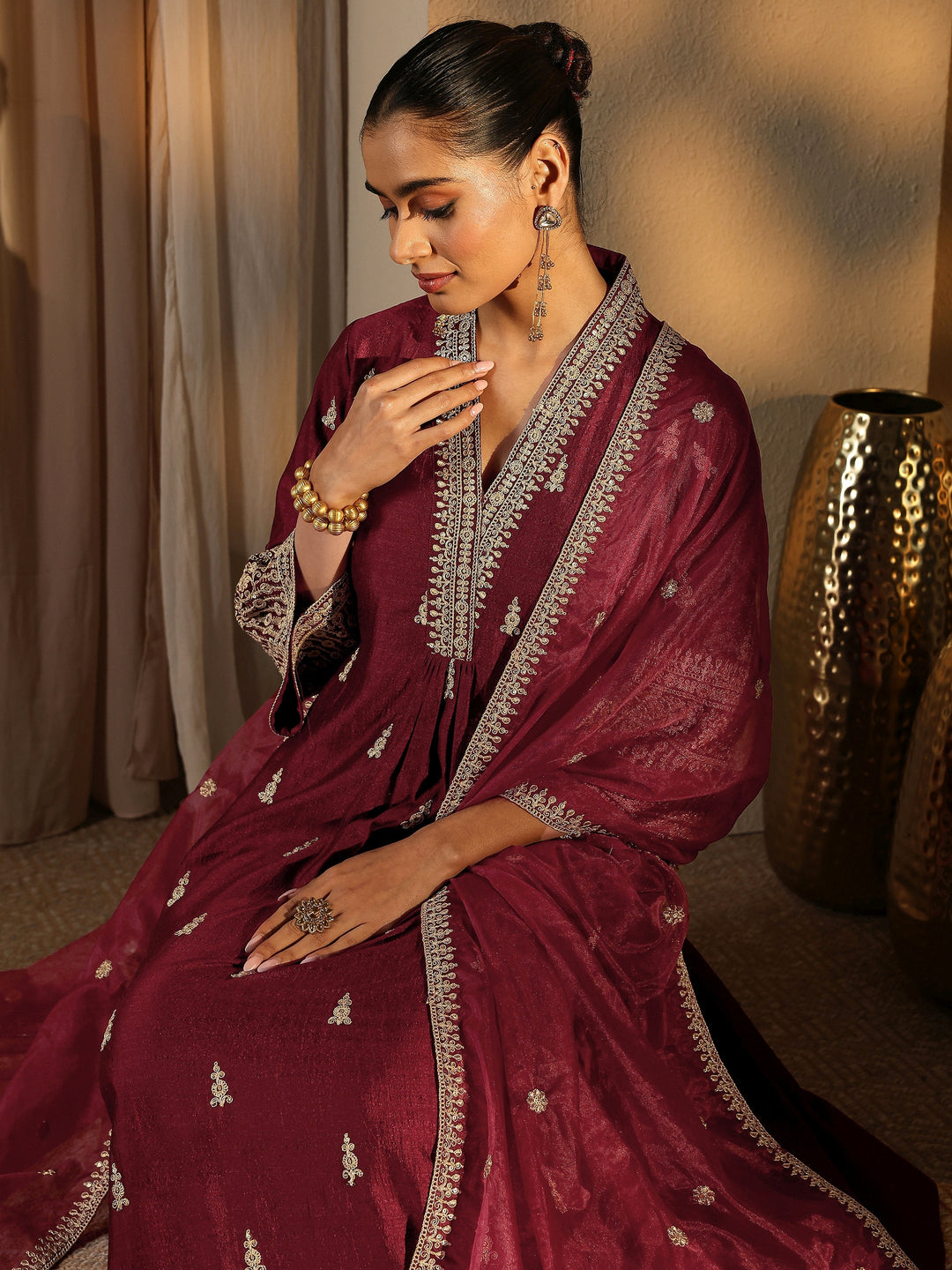 Maroon Embroidered Silk Blend A-Line Suit Set With Dupatta