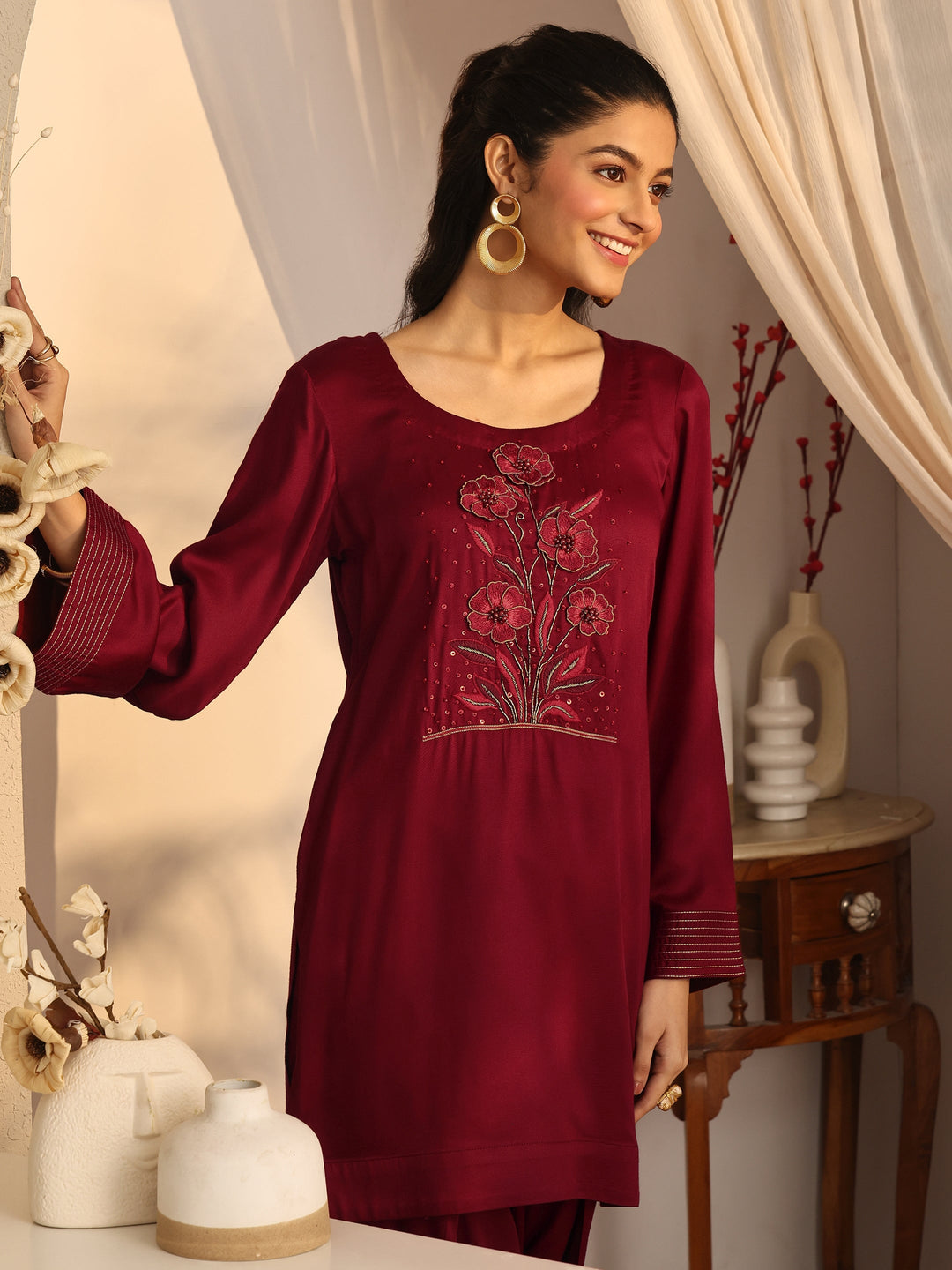 Maroon Embroidered Silk Blend Co-Ord Sets