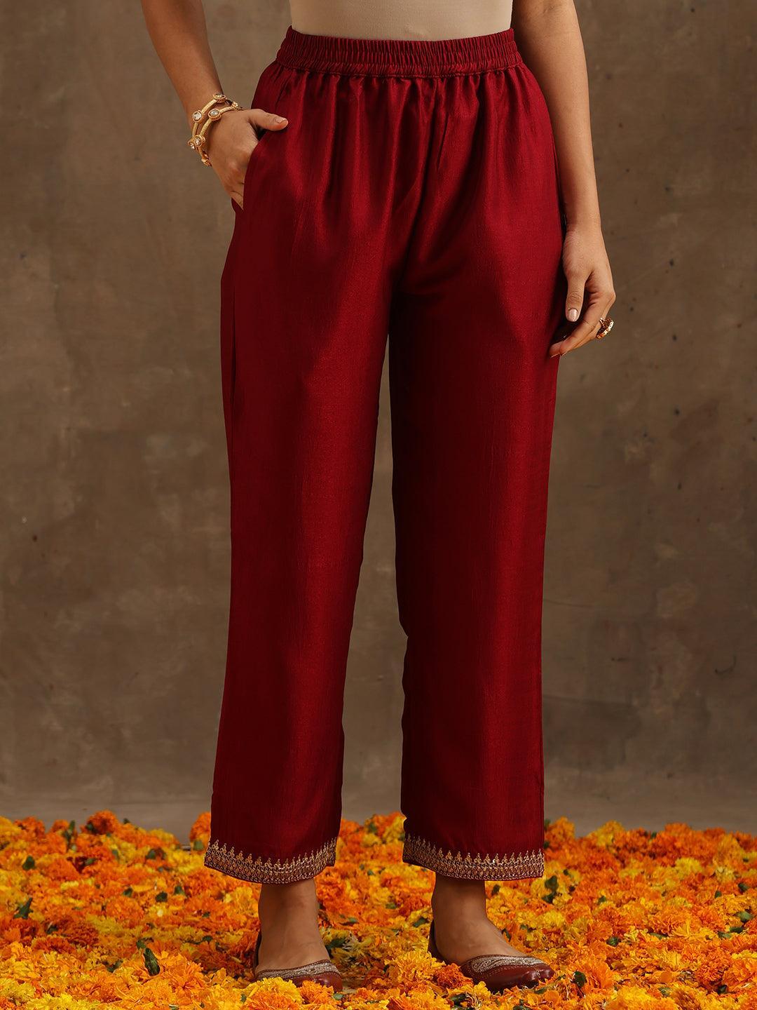 Maroon Embroidered Silk Blend Suit Set With Trousers - ShopLibas 
