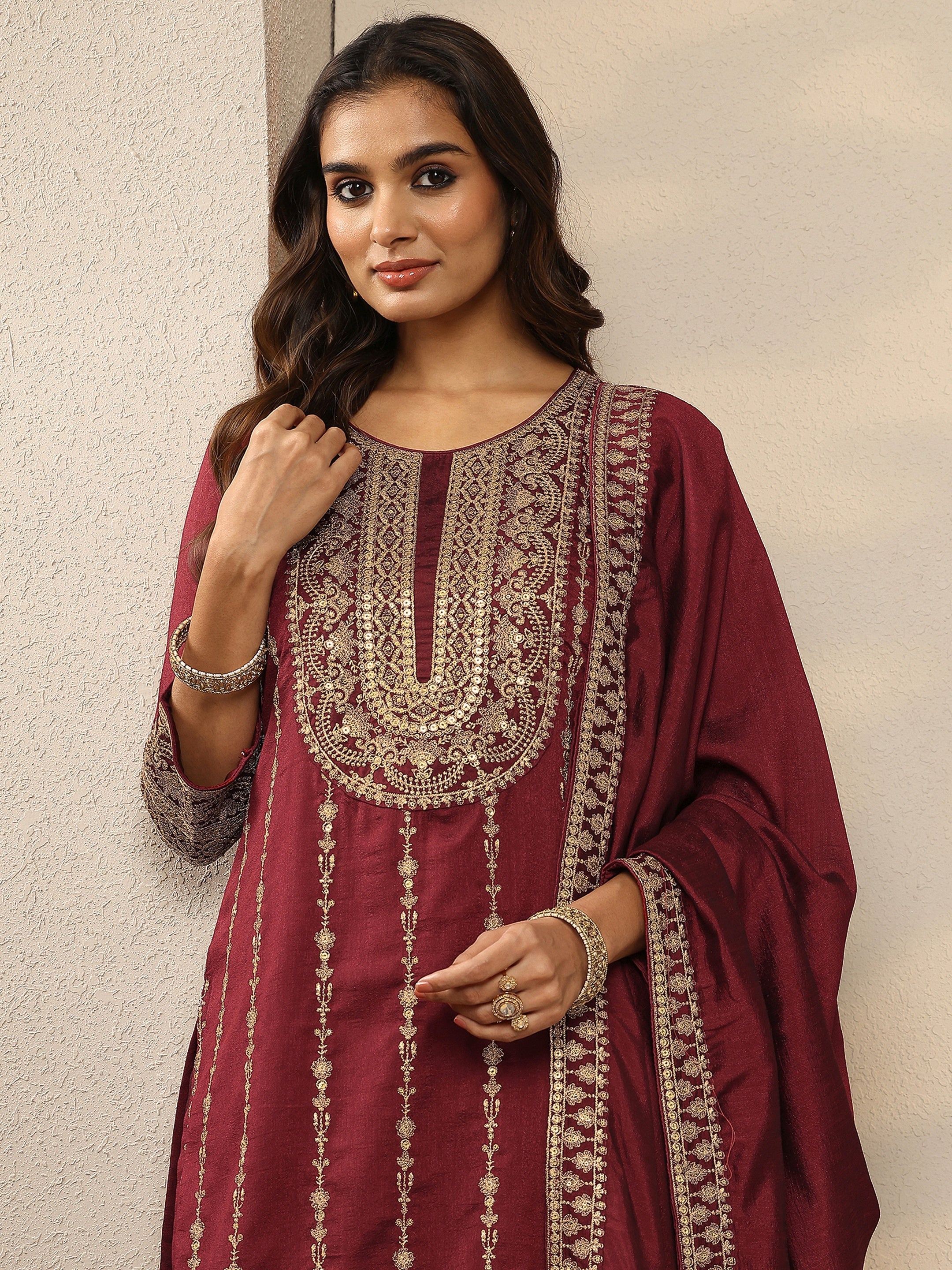 Buy Maroon Embroidered Silk Blend Straight Suit Set With Dupatta Online