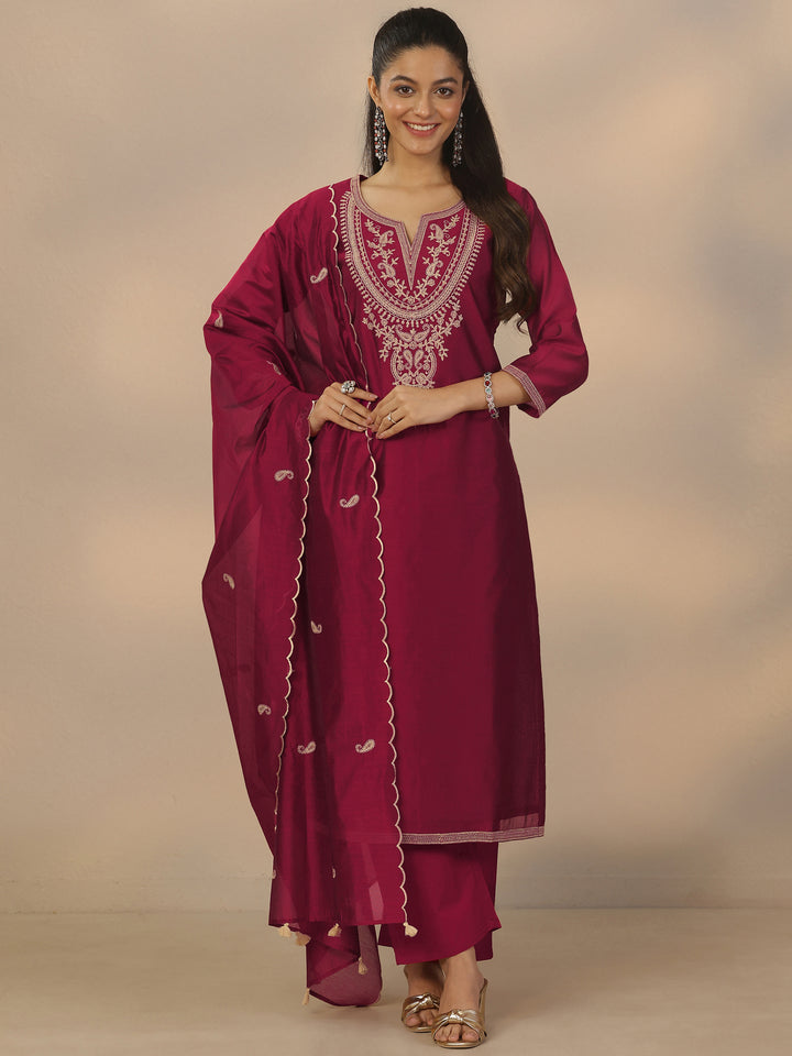 Maroon Embroidered Silk Blend Straight Suit Set With Dupatta