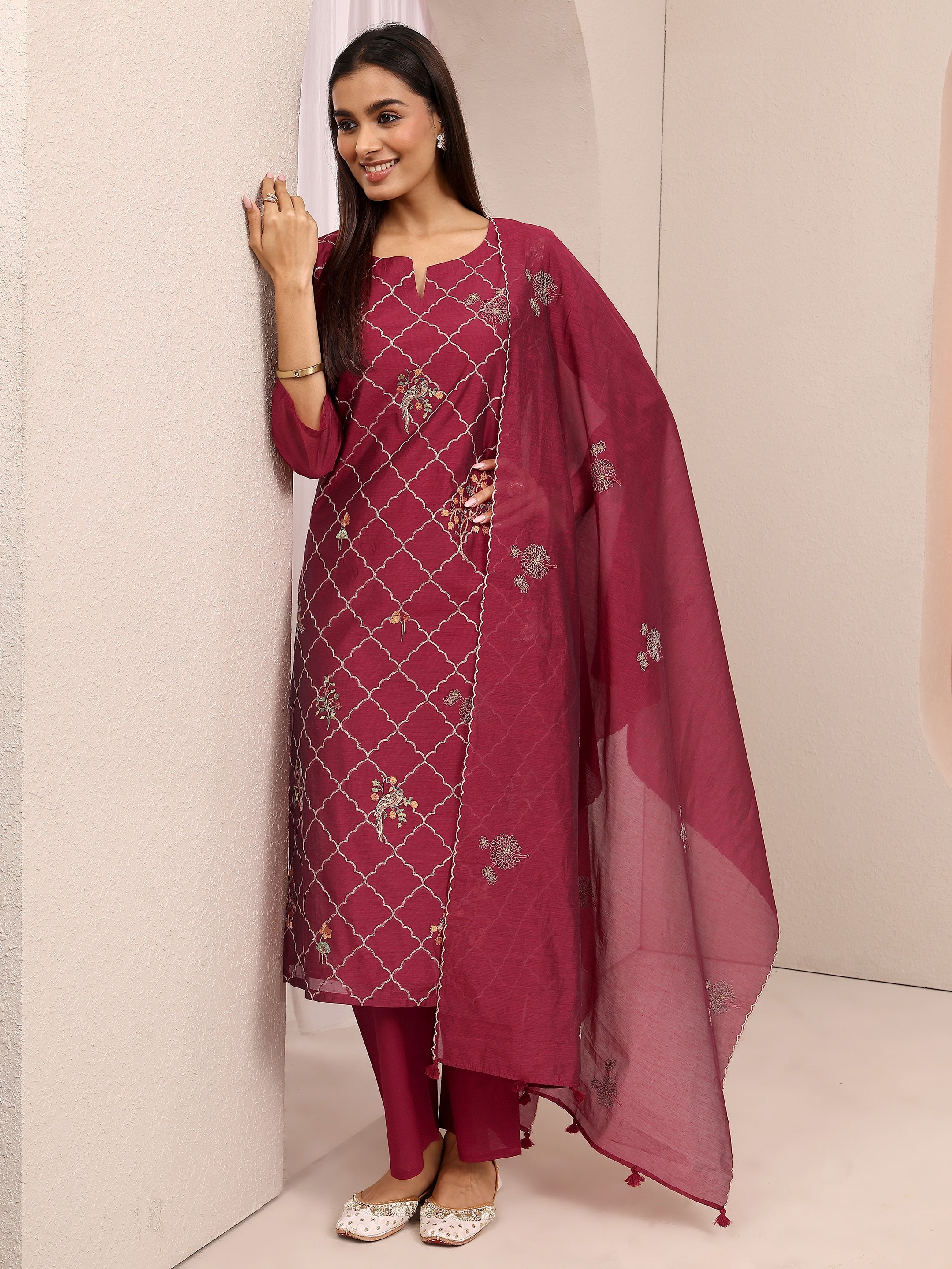 Libas Maroon Yoke Embroidered Silk Blend Straight Kurta Set