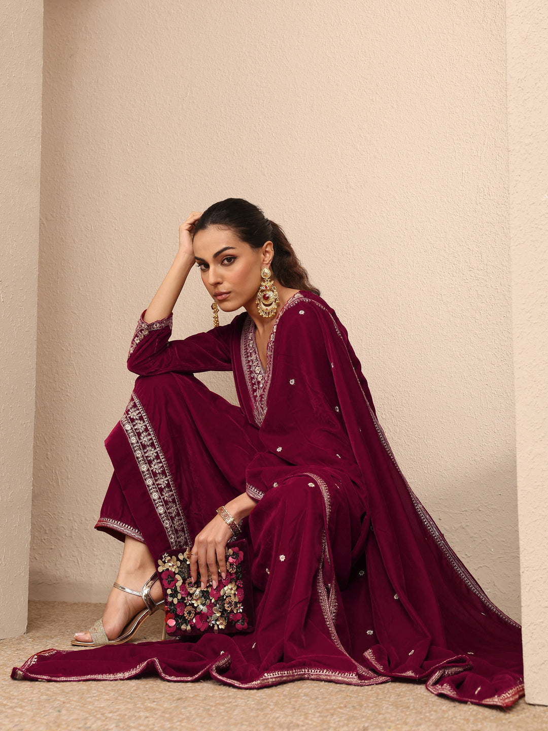 Maroon Embroidered Velvet Straight Suit Set With Dupatta