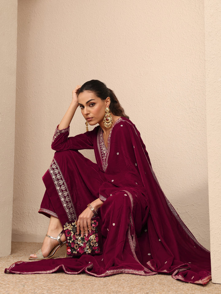 Maroon Embroidered Velvet Straight Suit Set With Dupatta