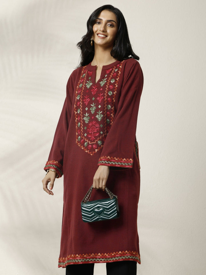 Maroon Embroidered Wool Straight Kurta