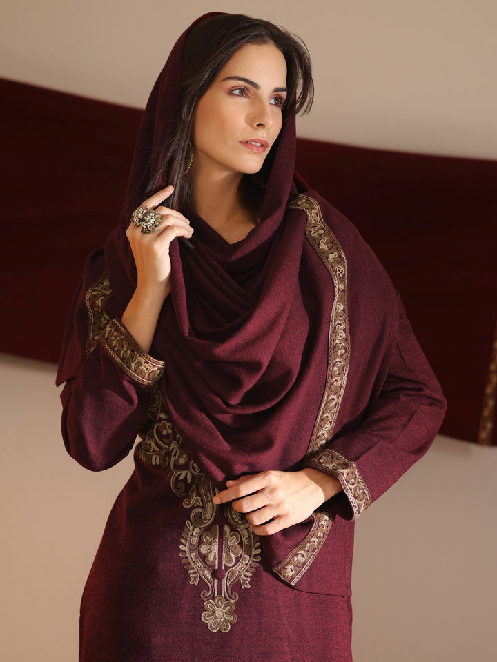 Maroon Embroidered Wool Straight Suit Set With Dupatta