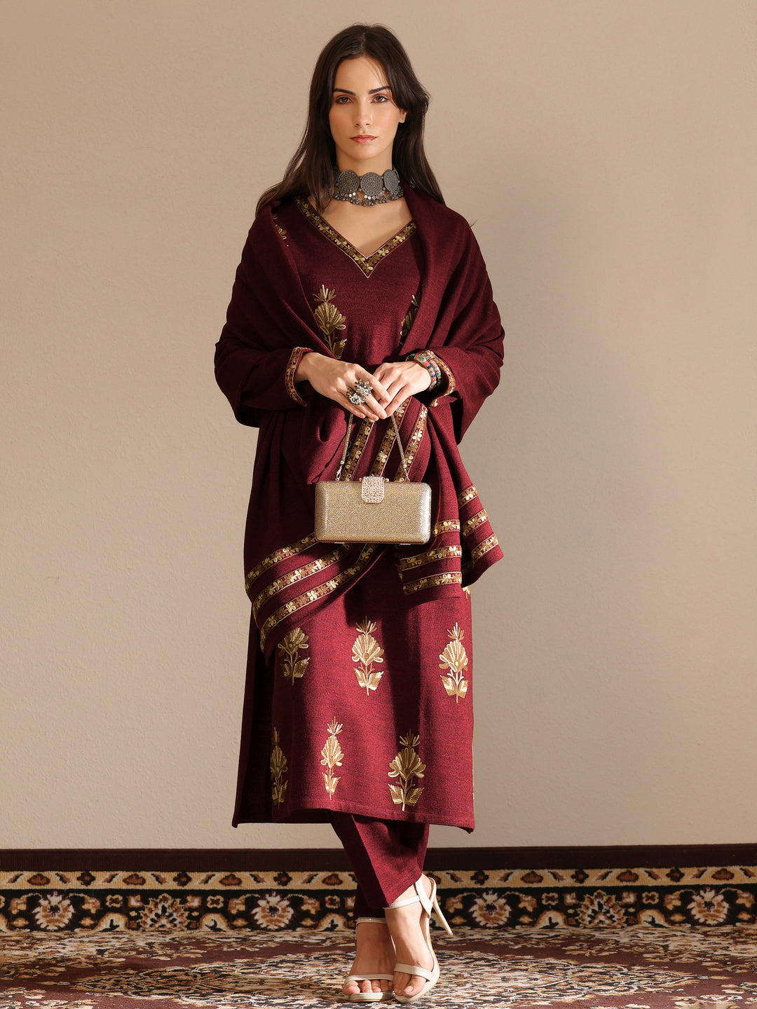 Maroon Embroidered Wool Straight Suit Set With Dupatta