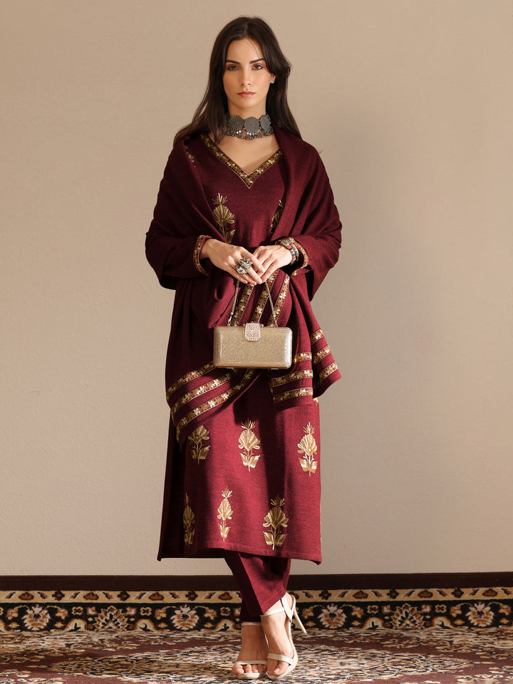 Maroon Embroidered Wool Straight Suit Set With Dupatta