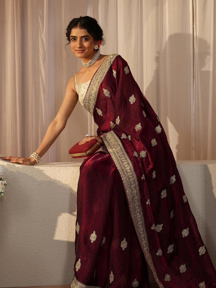 Maroon Ethnic Embellished Tissue Saree
