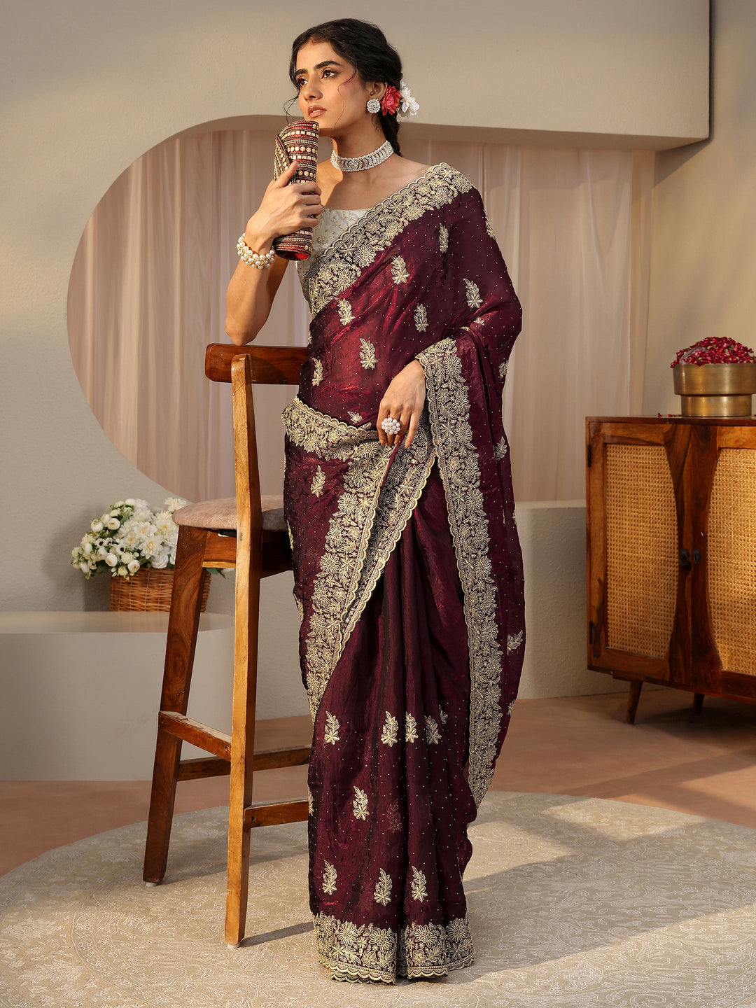 Maroon Ethnic Embellished Tissue Saree