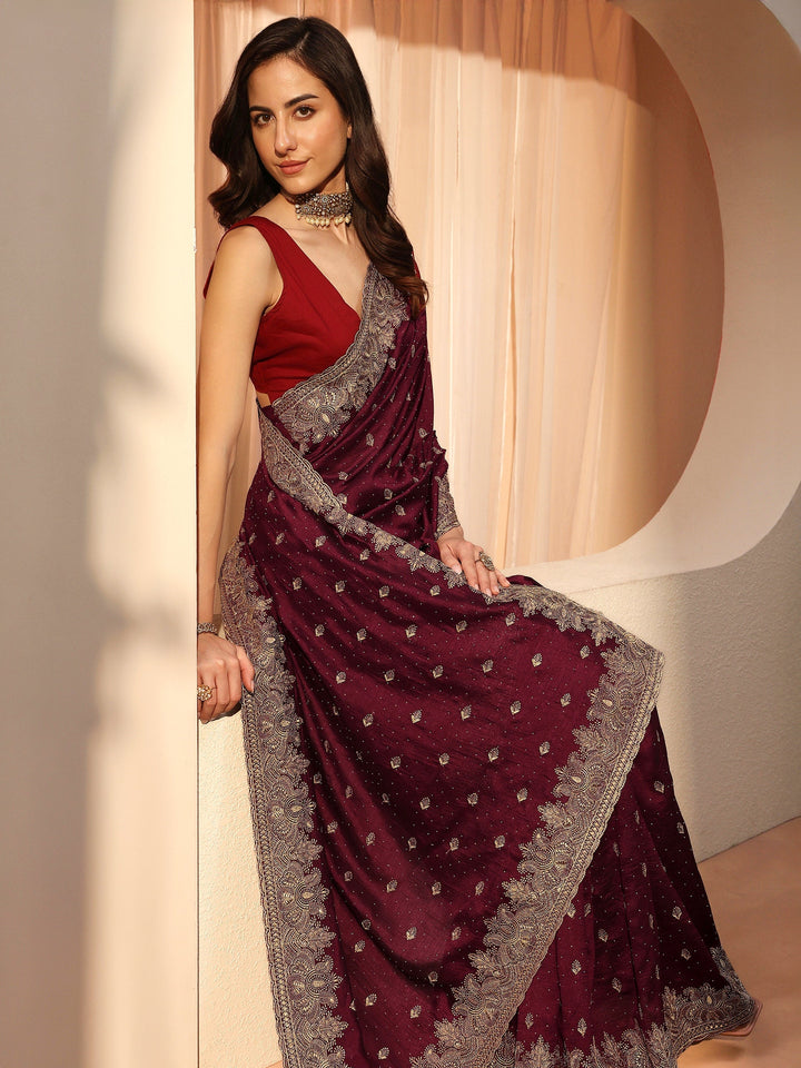 Maroon Ethnic Embroidered Silk Blend Saree