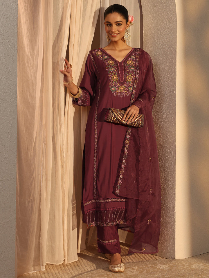Maroon Ethnic Embroidered Silk Blend Straight Suits Set With Dupatta