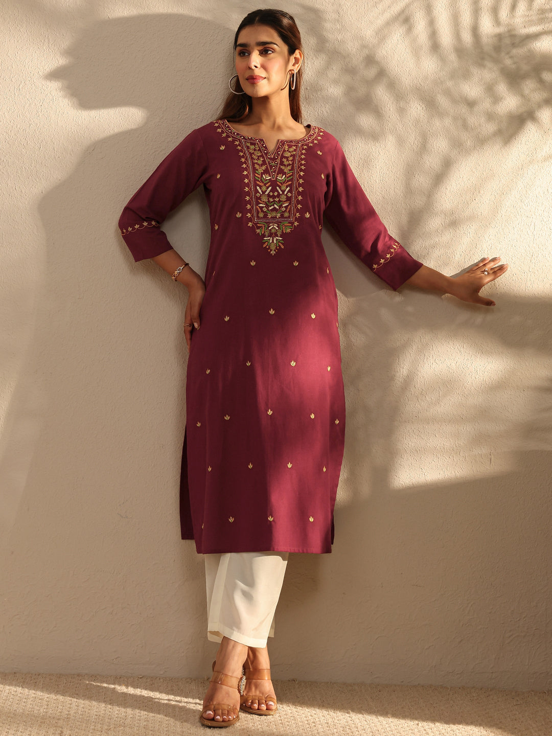 Maroon Ethnic Motif Embroidered Cotton Straight Kurta