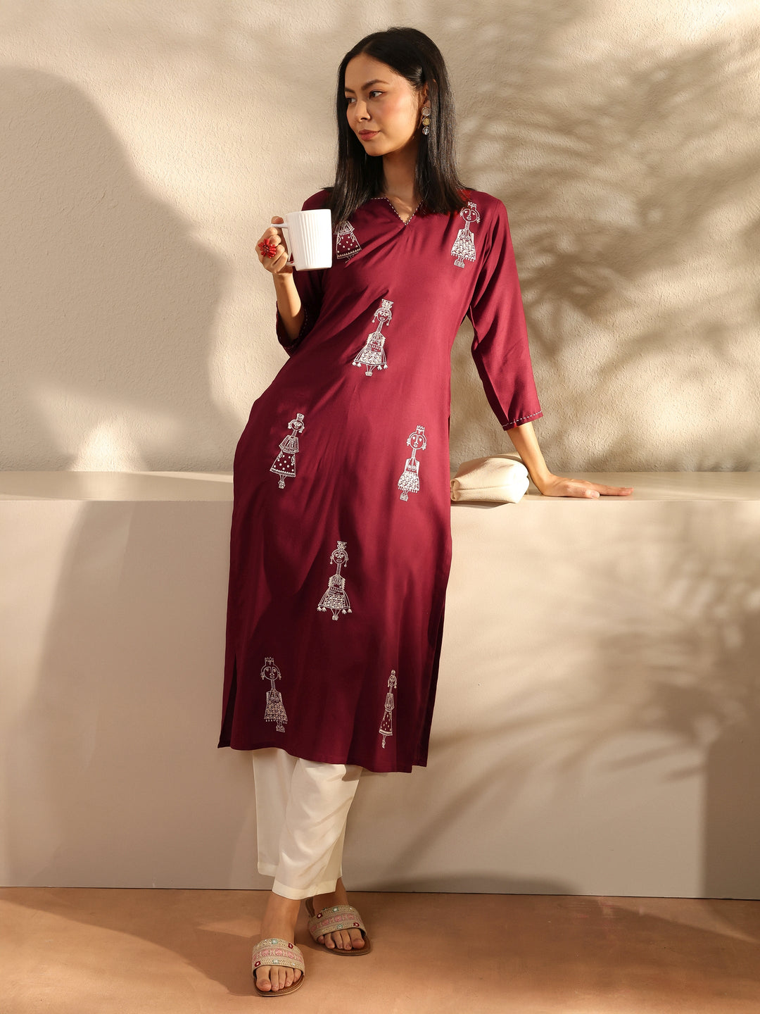 Maroon Ethnic Motif Embroidered Rayon Straight Kurta